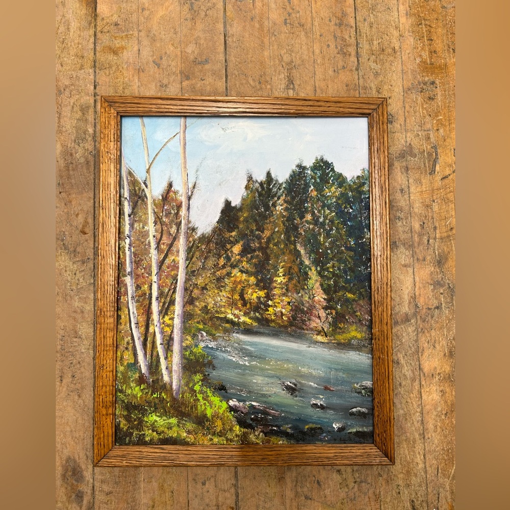 Serene River Landscape Painting in Green and Blue by